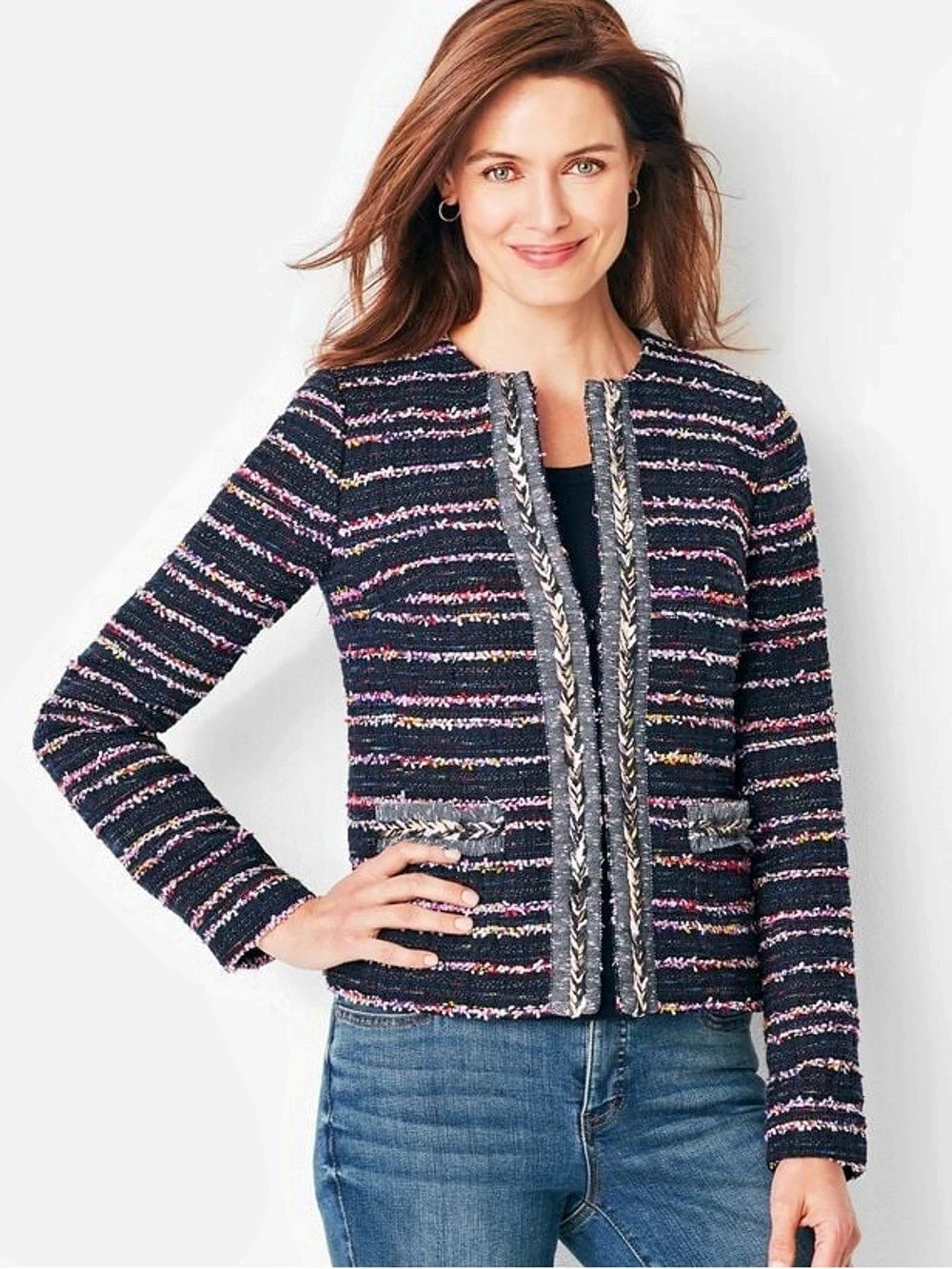 Talbots Navy Multicolor Striped Fringe Tweed Jacket Braided Detail Size 24W